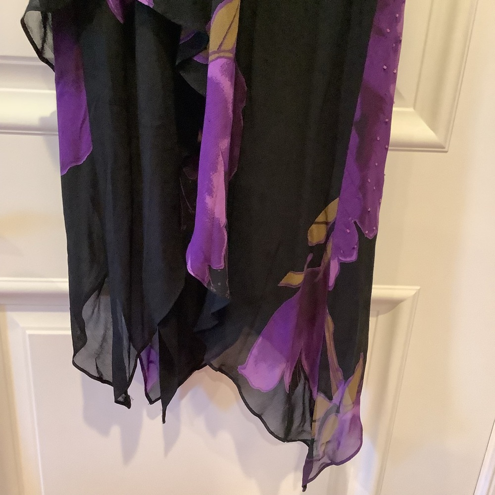 Vtg Black Purple Floral Midi Dress Size 14 Handkerchief Hem Fairy Whimsygoth - Picture 10 of 16